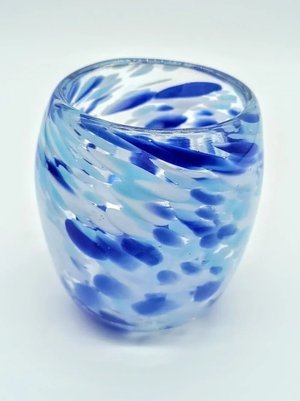 Blue White Artisan Glass Votive Candle Holder - Signed